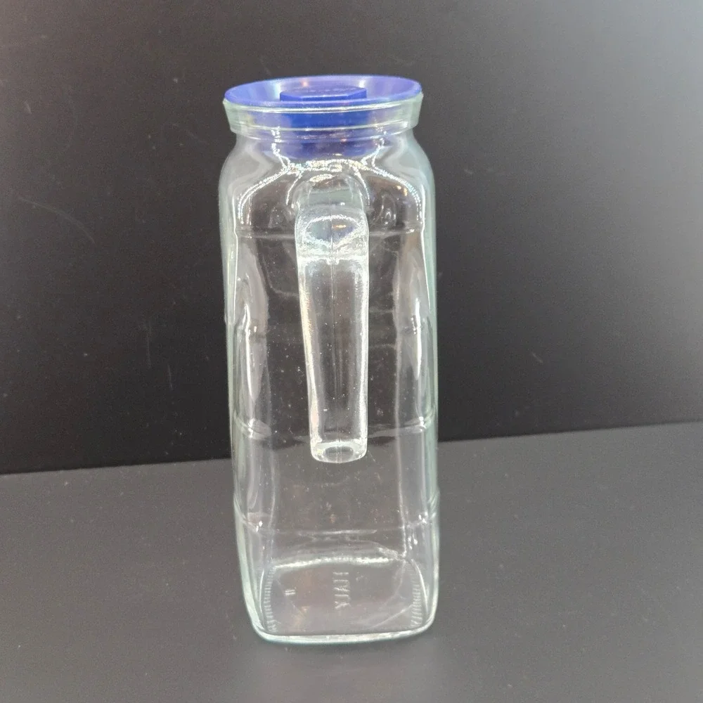 Frigorello Glass Pitcher Carafe with Blue Lid 1 Liter Made in Italy Clear Square